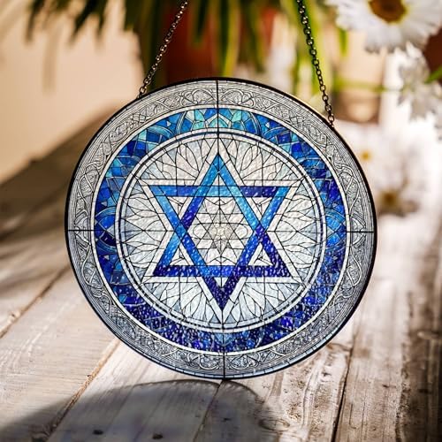 Jewish Star of David Suncatcher, Hanukkah Decor Window Hanging Stained Glass Decoration (7.8 Inches) - Image 3