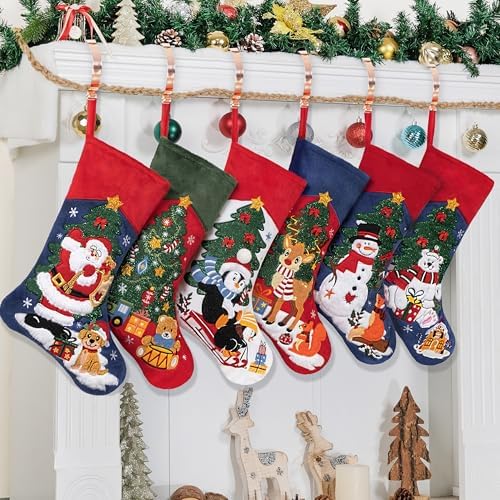 LUBOT Set of 6 Christmas Stockings Embroidered 20" Velvet Large Family Xmas Tree Stocking 6 Pack Shining Cute Cartoon Soft Luxury Stocking Fireplace Hanging Decor by LUBOT