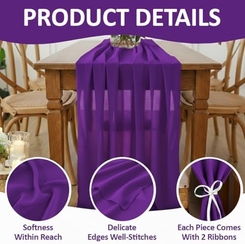 MDS Pack of 10 | Purple | 10ft Chiffon Table Runner 29x120 Inches Long Romantic Rustic Sheer Gauze Runner for Wedding Bridal Shower Birthday Banquets Engagement Spring Easter Boho Decorations - Image 5