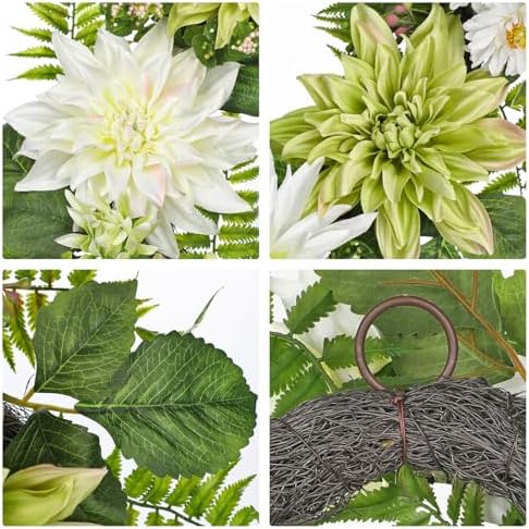 Briful 24'' Artificial Dahlia Flower Wreath for Front Door Large Silk Dahlia Daisy Floral Wreath Fake Hanging Greenery Wreaths for Spring Summer Home Wall Window Mantle Outdoor Porch Décor - Image 3