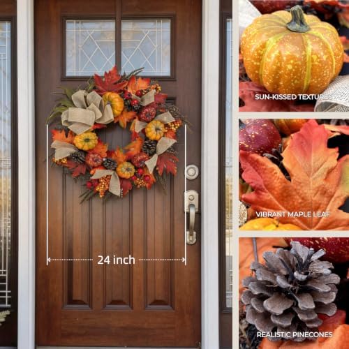 24 Inch Fall Wreath for Front Door, Autumn Harvest Outdoor Decoration - Image 4