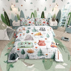 Kids Camper Theme Comforter Set Twin 2Pcs, Happy Camping Bedding Set, Travel Car Rv Accessories Down Comforter, Botanical Flowers Mountain Adventure Quilt, Cute Camper Duvet Insert Bedroom Decor by Erosebridal