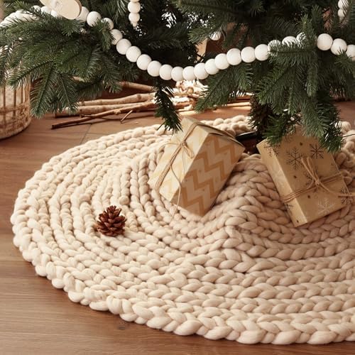 36 inch Christmas Tree Skirt: Chunky Knit Tree Skirt for 6ft Tree, Crochet Beige Small Tree Skirt, Vintage Tree Skirts, Rustic Farmhouse Christmas Decorations by LimBridge
