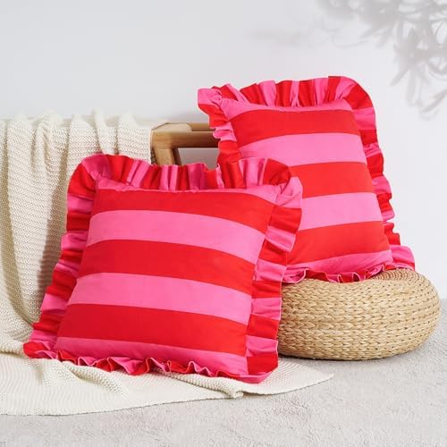 MONDAY MOOSE Decorative Throw Pillow Covers, Set of 2 Water-Resistant Striped Design with Ruffle Edge for Outdoor/Indoor Use, Pillow Inserts Not Included (22x22 inch, Hot Pink/Red) by MondayMoose