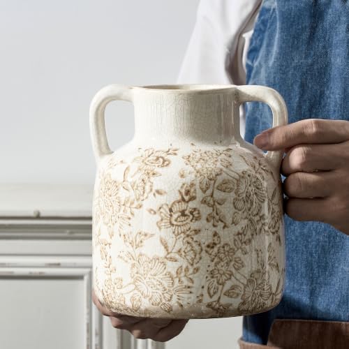 Vintage Flower Vase with Handles, Ceramic Utensil Holder, Decorative Vase Chinoiserie Decor Rustic Farmhouse Retro Floral Vases for Table Bookshelf Mantel Kitchen Living Room - 6.7” Brown 017 - Image 3