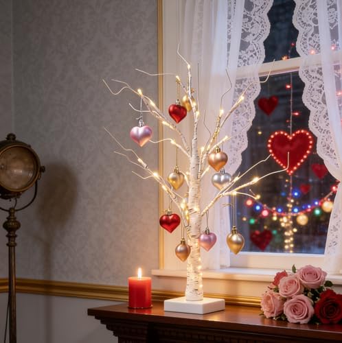 2Pack Valentines Day Decor Lighted Birch Tree with Heart-Shaped Ornaments,USB&Battery Operated Light Up Artificial Tree for Home Indoor Party Valentines Day Decorations (Warm White) - Image 4