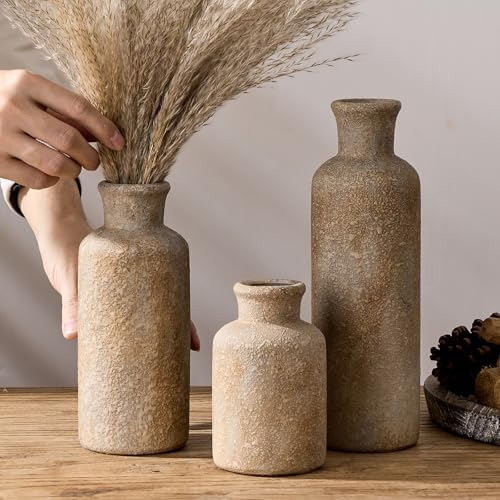 Ceramic Rustic Farmhouse Vase Set of 3,Terracotta Vases for Home Decor - Image 4