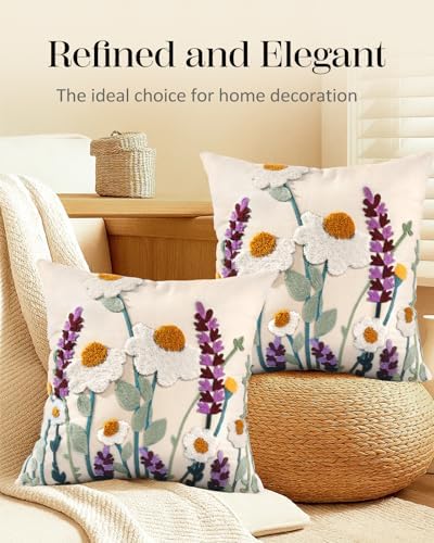 Embroidered Throw Pillow Covers 18x18 Inch - Set of 2 Summer Decorative Pillow Covers with Zipper Aesthetic Cute Design Throw Pillowcases for Couch Sofa Bed, Wild Floral - Image 5