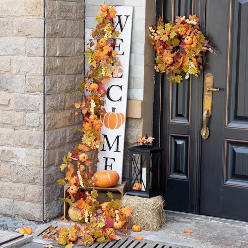 MIZII Fall Decor Artificial Maples Leaf Pumpkin Garland 10FT Autumn Maple Vines Garland Thanksgiving Halloween Harvest Decorations for Home Porch Mantle Fireplace Farmhouse Outdoor Indoor (10FT,Maple) - Image 4