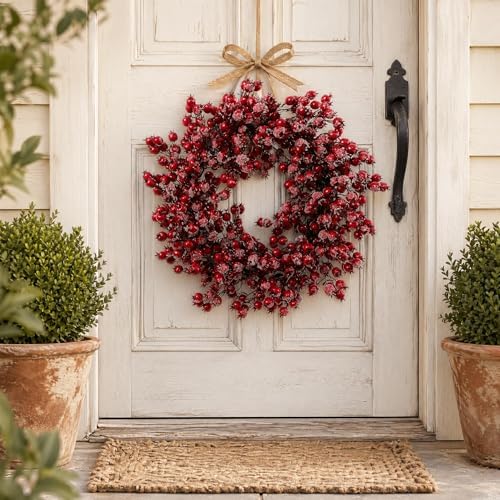 Larksilk 22in Red Frosted Berry Wreath, Iced Hawthorn Twig Christmas Wreath - Image 5