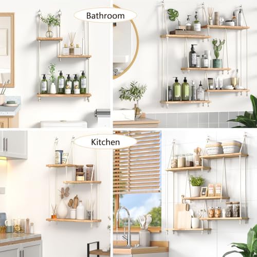 Hanging Shelves for Wall,Macrame Hanging Plant Shelf with Vine Lights 5 Tier Rope Floating Shelf Wood Organizer Storage Rack Boho Wall Decor Aesthetic for Succulents Bedroom Bathroom Kitchen - Image 4