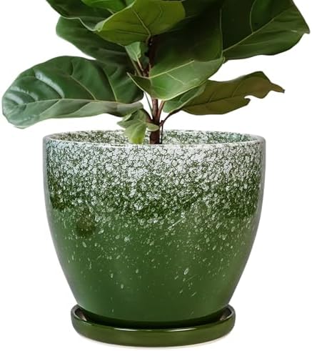 10 Inch Plant Pot - Ceramic Planters for Indoor Plants Outdoor, Large Planter with Drainage Hole and Saucer, Decorative Round Flower Pots, Garden House Decor, Gifts for Plant Lovers, Green by EPFamily