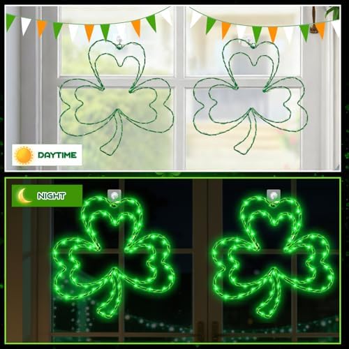2 Pcs Light Up Shamrock for Window, 13'' Shamrocks Windows Lights St Patricks Day Window Decor Shamrock Lights Battery Operated with Timer & 8 Modes, Clover Decor Green Light for St Patricks - Image 4