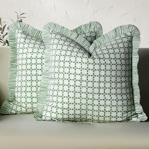CPC Kelly Green Hand Block Print 100% Cotton Ruffle Throw Pillow Cover 20x20 inch with Hidden Zipper Decorative for Couch, Bed, Sofa, Farmhouse, Cottagecore Decor Gift Christmas Fall Thanksgiving by COTTONPRINTCLUB