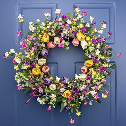 22 Inches Spring Wreaths for Front Door Rustic Summer Door Wreath Colorful Spring Floral Wreaths Farmhouse Summer Tulip Wreath for Window Front Porch Home Indoor Inside Outside Decoration - Image 4