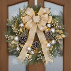 24 Inch Christmas Wreath for Front Door with Lights Golden Bow Winter Wreath Sliver Christmas Balls Pinecones Pine Needles for Wall Home Holiday Xmas Decor by VGIA
