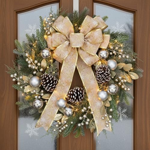 24 Inch Christmas Wreath for Front Door with Lights Golden Bow Winter Wreath Sliver Christmas Balls Pinecones Pine Needles for Wall Home Holiday Xmas Decor by VGIA