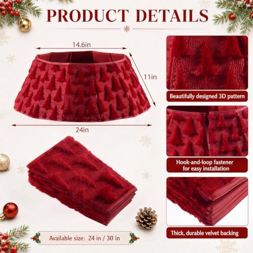 Soulchen 24 Inch Christmas Tree Collar Burgundy Xmas Tree Skirt Ring Jacquard Velvet Foldable Christmas Base Cover for Xmas Base Stand Cover Holiday Indoor Party Home Decorations - Image 2