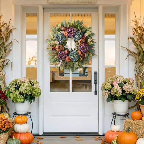 26" Fall Wreaths for Front Door, Peony Hydrangea Pumpkins Wreath - Image 4