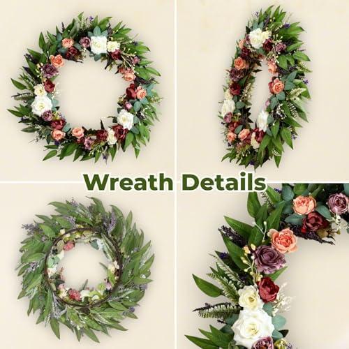 32 Inch Eucalyptus Wreaths with Roses, Hydrangeas, Lavender, Berries, Salal Leaves, Ferns, Dusty Miller, Green Summer Spring Wreaths for Front Door, Large Wreath for Porch Decor - Image 5