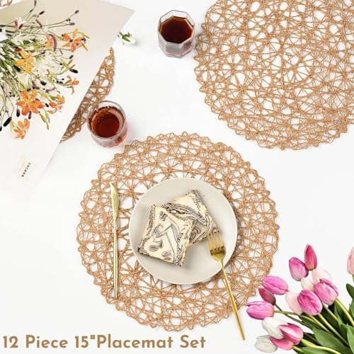 IcosaMro Round Woven Placemats Set of 12 for Dining Table, 15 Inches Paper Boho Decorative Circle Place Mats for Wedding Christmas Thanksgiving Day Holiday Dinner (Light Coffee Brown) - Image 3