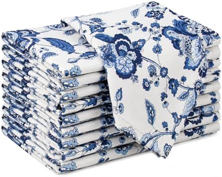 Taran Living Set of 12 Blue Cloth Napkin, Floral Print on 100% Cotton, Absorbent Napkin for Everyday Dining, Guest Dinners, 18X18 inch, Soft and Washable. by TARANLIVING