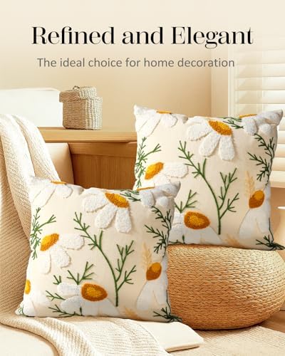 Embroidered Throw Pillow Covers 18x18 Inch - Set of 2 Summer Decorative Pillow Covers with Zipper Aesthetic Cute Design Throw Pillowcases for Couch Sofa Bed, Daisy - Image 5