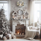 prelit Christmas Hoop Wreath with Lighted House,Farmhouse Winter Wreath with Lights,16inch Silver White Christmas Wreath for Front Door, Winter Xmas Holiday Porch Decor,Modern Mantel Decoration Gift - Image 3
