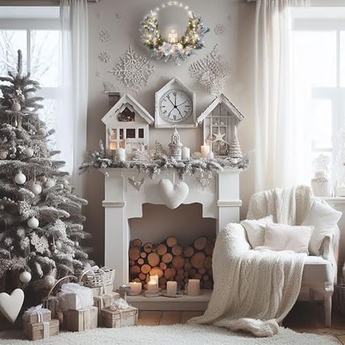 prelit Christmas Hoop Wreath with Lighted House,Farmhouse Winter Wreath with Lights,16inch Silver White Christmas Wreath for Front Door, Winter Xmas Holiday Porch Decor,Modern Mantel Decoration Gift - Image 3