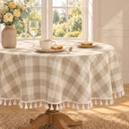 Beige Gingham 60 Inch Round Tablecloth (Fits 30-48" Table) by Pavorin