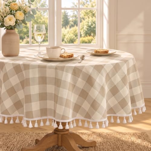 Beige Gingham 60 Inch Round Tablecloth (Fits 30-48" Table) by Pavorin