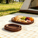 Set of 3 Serving Tray for Foods & Drinks, Faux Rattan Trays with Handles, Wicker Tray Handwoven Organizer Baskets Storage Decorative Coffee Table Brown - Image 6