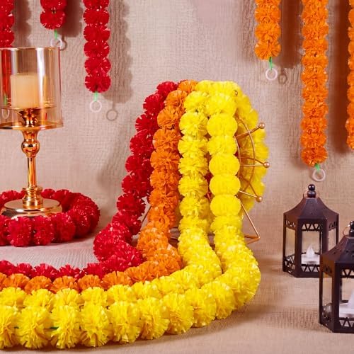 Giegxin 15 Pack 5ft Marigold Garland for Decor, Red, Orange, Yellow - Image 4