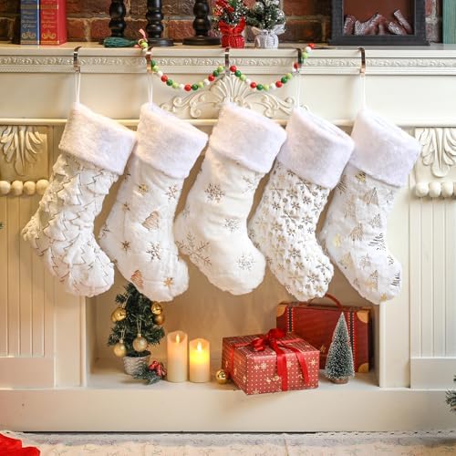 Amorita White Christmas Stockings Set of 5 - Lage Elegant Xmas Stockings with Golden Christmas Tree Snowflake Designs, Fluffy Grey and White Christmas Stockings for Holiday Party Decorations 20 inch by Unknown