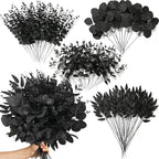 Alecono 100pcs 4 Kinds Mixed Greenery Stems, Artificial Eucalyptus Stems Bulk, Faux Leaves for Halloween Home Party Decoration DIY Vase Bouquet Gothic Floral Arrangement (Black) by AleconoBetterYourLife