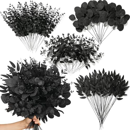 Alecono 100pcs 4 Kinds Mixed Greenery Stems, Artificial Eucalyptus Stems Bulk, Faux Leaves for Halloween Home Party Decoration DIY Vase Bouquet Gothic Floral Arrangement (Black) by AleconoBetterYourLife