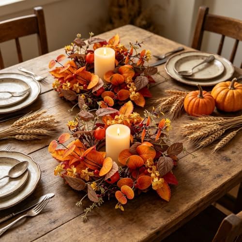 4 PCS Fall Candle Ring Wreaths Artificial Autumn Eucalyptus Candle Wreath with Leaves Berries Flowers Thanksgiving Farmhouse Harvest Wreath Candle Holder for Pillar Candles Table Centerpiece Decor - Image 5