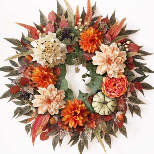 24"Artificial Silk Hydrangea Flower Dahlia Fall Wreath for Front Door Decor by Juxdp