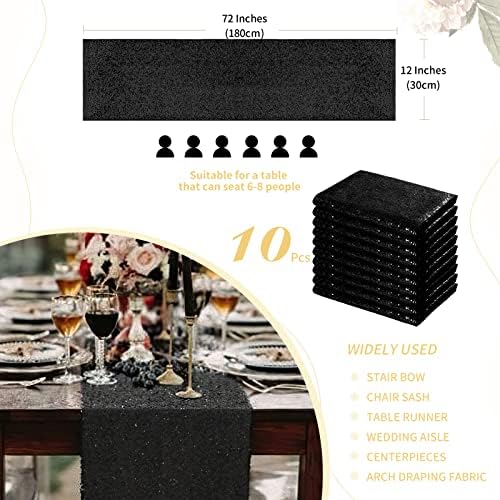 SoarDream Black Table Runner 10 Packs 12x72 Inches Sequin Metallic Fabric Glitter Table Runner for Party Birthday Holiday Event Supplies Decorations - Image 3