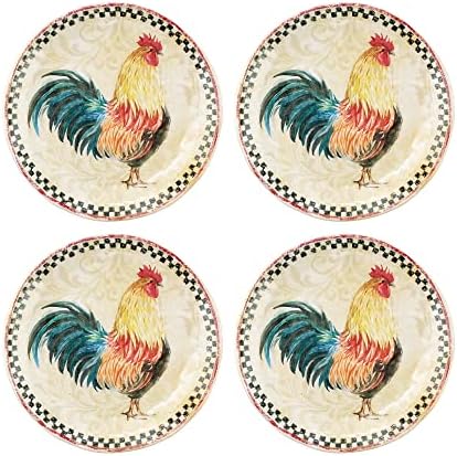 UPware Country Rooster Melamine Round Dessert Plates, Small Serving Plates, for Appetizer, Snacks, and Side Dishes, Multicolor, 6 Inch, Set of 4 by UPware
