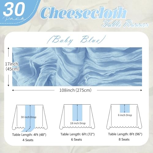 30 Pack Baby Blue Cheesecloth Table Runner 17 x 108 inch Cheese Cloth Table Runners 9ft Blue Table Runner Rustic Romantic Sheer Gauze Runner for Wedding Party Baby Shower Table Decoration - Image 2