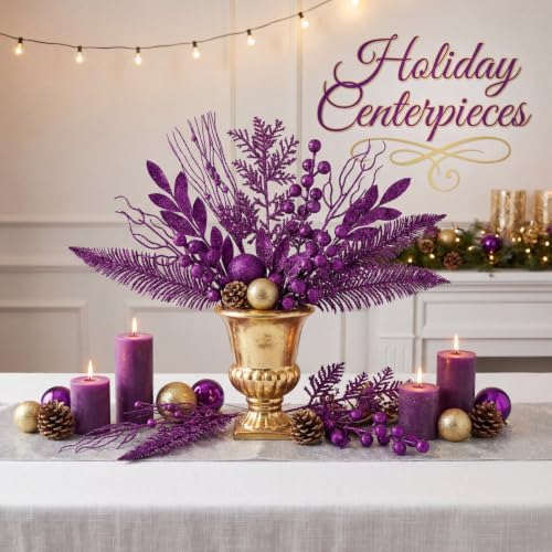 Purple 66 Pcs Christmas Glitter Picks and Sprays, Xmas Artificial Floral Stems Branches Berry Leaf Pine for Tree Topper Wreath Garland Centerpiece Holiday Party Home Decor - Image 4