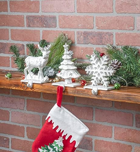 Red Co. Set of 3 Snowflake, Reindeer & Christmas Tree Decorative Cast Iron Stocking Holders in Distressed White Finish - Image 2