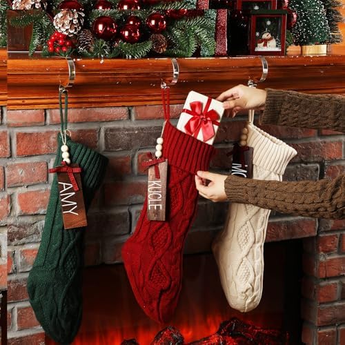 Zubebe 4 Sets 18 in Knitted Christmas Stockings Kit, Metal Stocking Holder and Name Tags Large Knit Xmas Stocking with Marker Pen for Family Holiday Xmas Party Fireplace Mantel Decor (Red) - Image 5