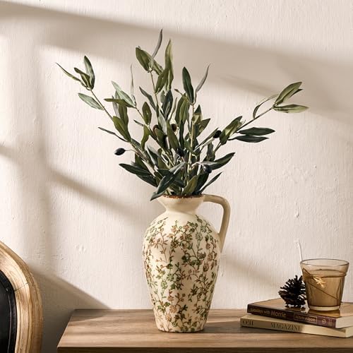 Green and Beige Antique Vase, 8.9 Inch Vintage Chinoiserie Floral Vase, Rustic Ceramic Vase for Home Decor, Living Room, Bookshelf, Office, Entryway, Garden, Chinoiserie Decor, Tuscan Decor - Image 6