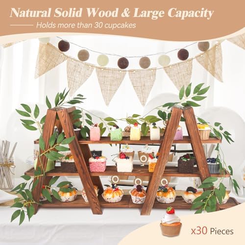 Wisreach Wooden 3-Tier Cupcake Stand with Removable Trays & Vine Decoration — Foldable Party Display Serving Ladder with Platter for Cake, Snacks, Fruits, Chips, Bread - Image 3