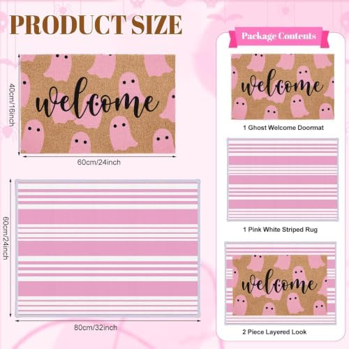 2 Pcs Pink Ghost Halloween Welcome Doormats, 16 x 24 in Welcome Ghost Door Mat and 24 x 32 in Pink White Striped Layering Rug, Cute Fall Porch Decor for Entryway Patio Kitchen Bathroom Floor - Image 2