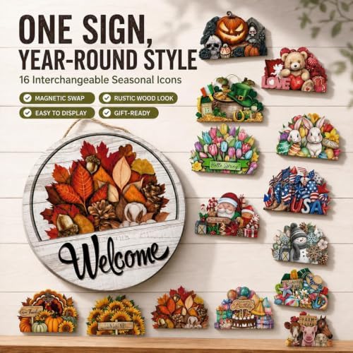 Interchangeable Welcome Sign for Front Door - 11.8'' Magnetic Seasonal Wood Hanging Sign with 16 Magnetic Icons, Interchangeable Welcome Sign for Front Door，12pcs - Image 2