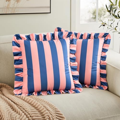 vctops Ruffle Square Throw Pillow Covers Boho Pink and Red Striped Decorative Pillowcases Set of 2, Soft Velvet Accent Cushion Cover Cases for Sofa Bed Living Room Decor (Pink Blue,18"x18") - Image 2