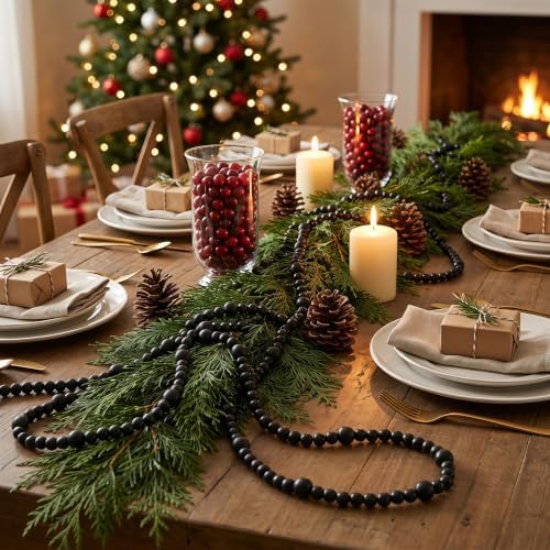48Ft Christmas Wood Bead Garland Rustic Holiday Decor for Tree (Black) - Image 4
